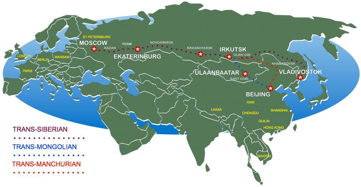 Pequim para Moscovo trem mapa de rotas